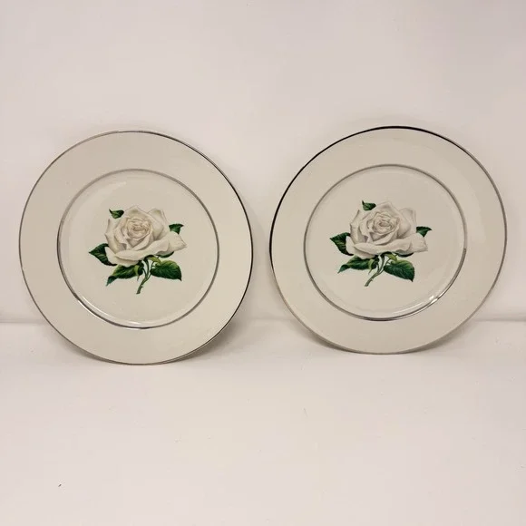 Set of 2 Embassy Vitrified White Rose - Dinner Plate - 10 1/8" Diameter - Picture 2 of 11